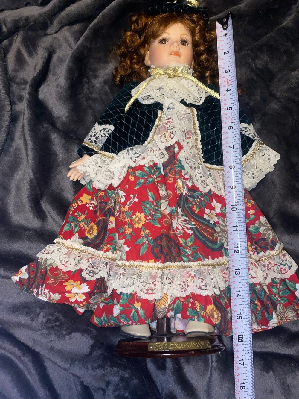 Soft Expressions Porcelain Doll in Red Floral Dress with Green Velvet Bodice